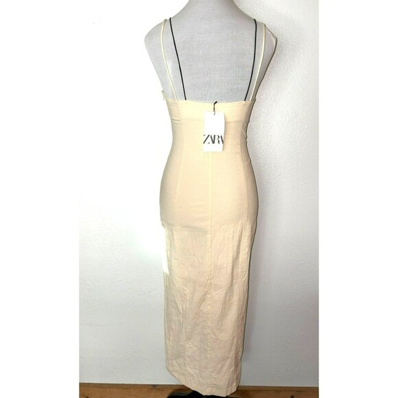 NWT Zara Beige Midi Slip Dress With Black Lace Trim & Double Straps Size XS - Picture 4 of 9